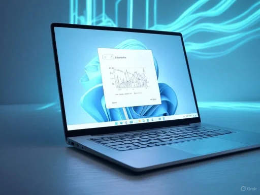 A sleek laptop displays a data chart with blue digital graphics in a futuristic setting.