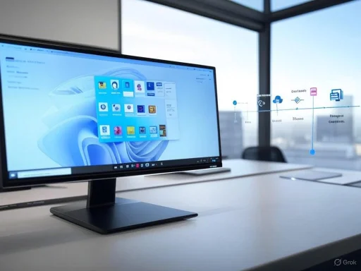 A computer monitor displaying apps in a bright, modern office with large windows and a cityscape view.