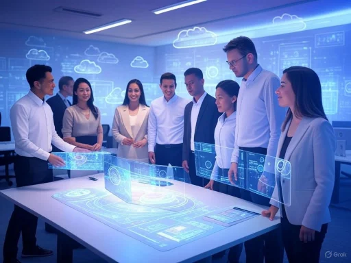 A diverse group of professionals collaborates around a futuristic holographic interface in a high-tech office.
