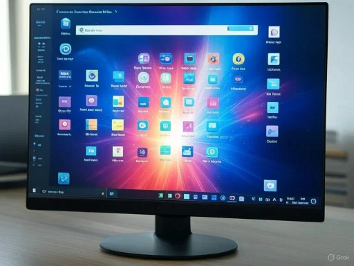 A computer monitor displaying a colorful desktop screen filled with apps and icons. A computer monitor displaying a colorful desktop screen filled with apps and icons.