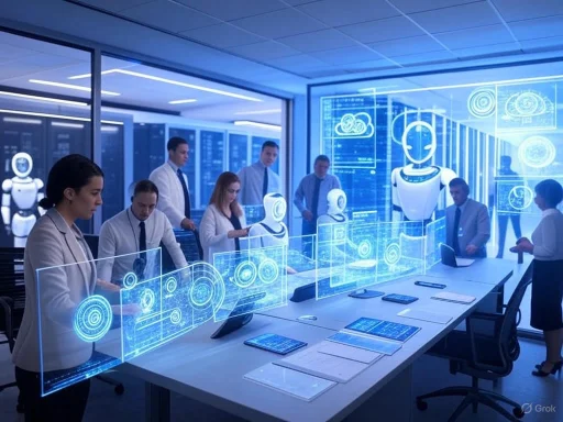 Team of professionals in a futuristic data analysis or AI development meeting with holographic interfaces and robot prototypes.