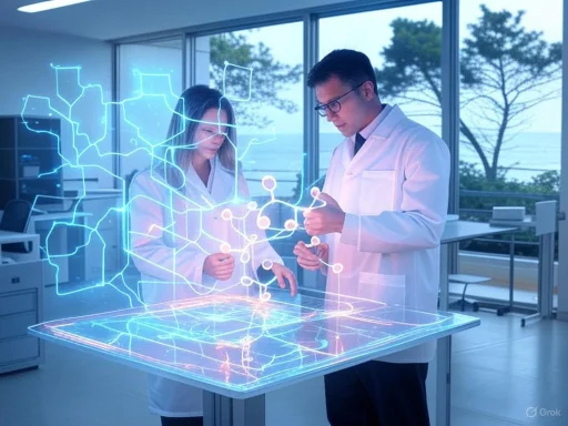 Scientists using advanced holographic technology to analyze molecular structures in a modern lab.