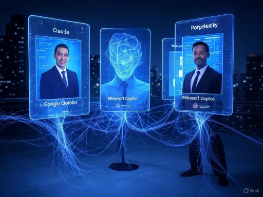 A digital hologram display shows three individuals' profiles with names and titles, connected by glowing blue lines.