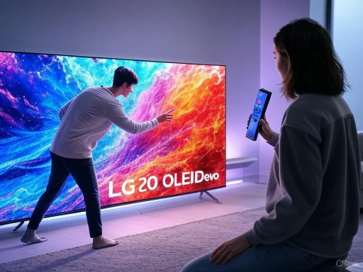 A person interacts with an LG OLED TV while another watches and controls from a remote in a modern, brightly lit room.