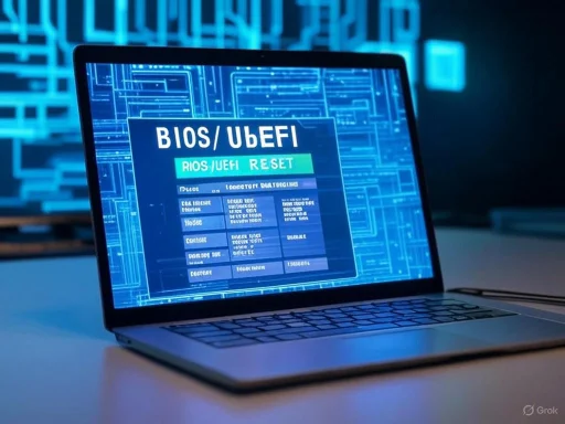 A laptop screen displays BIOS/UEFI settings related to RIOS/UEFI reset in a high-tech environment.