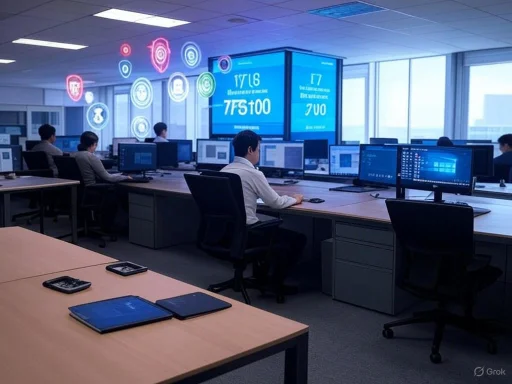 Office workers monitor multiple screens in a high-tech control room with digital security graphics and large data displays. Office workers monitor multiple screens in a high-tech control room with digital security graphics and large data displays.