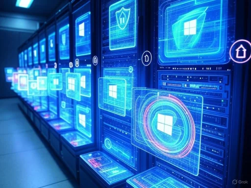 Digital servers with holographic Windows logos in a high-tech data center.