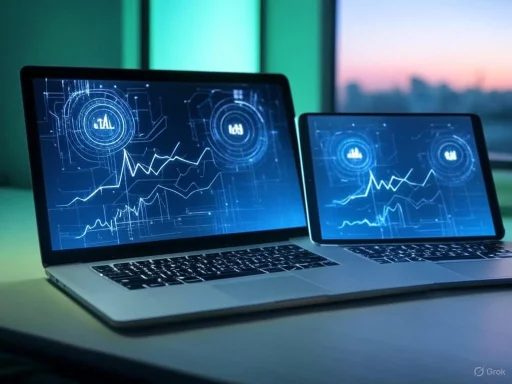 Two laptops displaying digital dashboards with graphs and data analytics in a modern office setting.