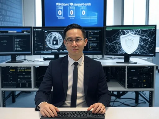 A professional man in a suit and glasses working at a desk in front of multiple cybersecurity monitoring screens.