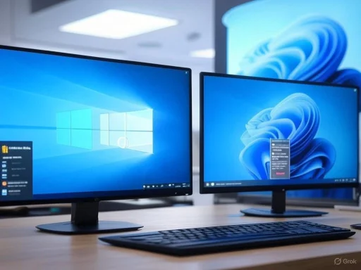 Two computer monitors displaying Windows screens, with a keyboard on a wooden desk.