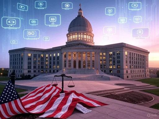 The image shows a government building, likely a capitol, with American flags, a scale, and digital icons floating above at sunset.