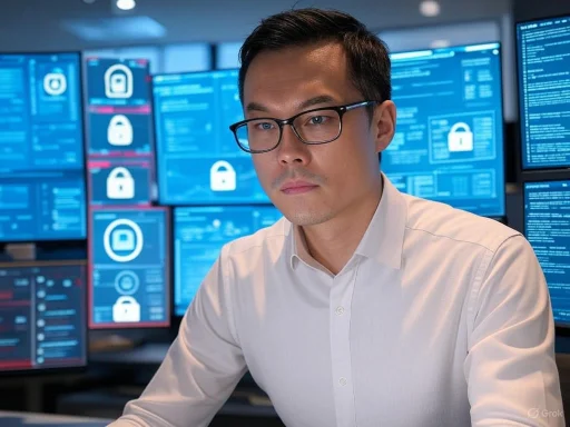 A man in glasses working in front of multiple computer screens displaying security lock icons and code in a high-tech environment.