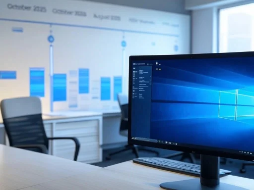 A modern conference room with a desktop monitor, chairs, and a large screen displaying a chart.