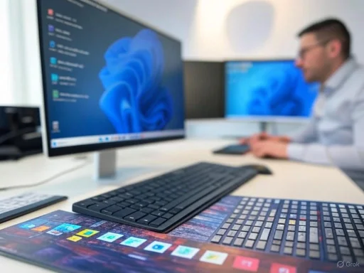 A person working at a desk with multiple monitors and a colorful control surface in a modern office setting.