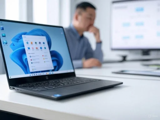 A laptop on a desk displays the Windows 11 desktop, with a blurred man in the background working on a monitor.