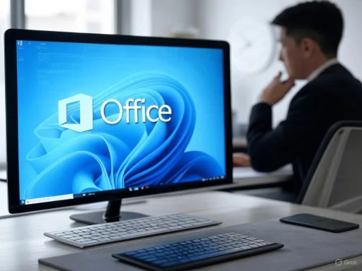 A person working on a computer with the Windows Office logo displayed on the screen. A person working on a computer with the Windows Office logo displayed on the screen.