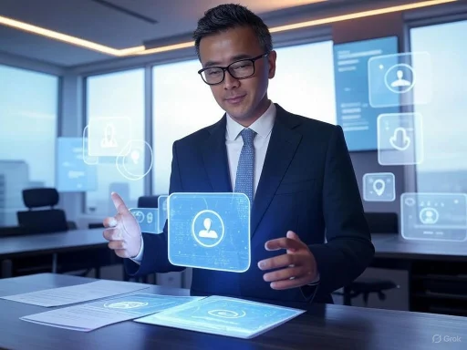 A businessman interacts with holographic digital icons displaying user profiles in a high-tech office.