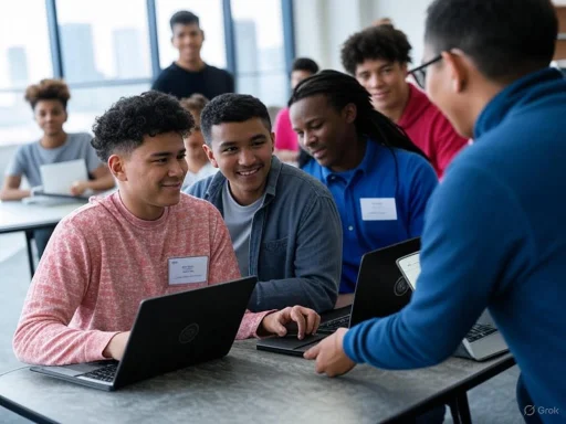 A group of diverse young people gathered around a table, engaged in a discussion with laptops in a bright, modern office.