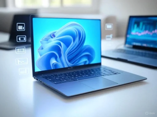 A sleek laptop with a vibrant blue screen is shown on a white desk, with another laptop displaying a graph in the background.