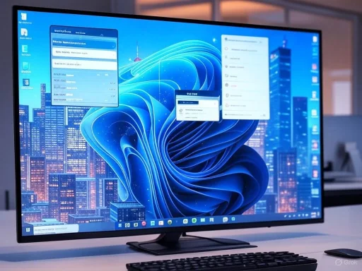 A widescreen monitor displays a cityscape background with multiple app windows open in a modern office setting.