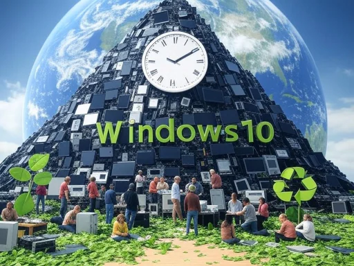 A mountain of old computer monitors with 'Windows 10' text, set against Earth, symbolizing tech recycling and environmental impact.