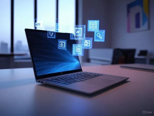 A laptop with floating app icons emerging from the screen, suggesting digital or technological activity.