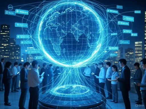 People use smartphones to connect with a glowing digital globe representing global communication and data networks.
