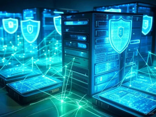 A digital security theme showcasing servers, tablets, and shields symbolizing data protection and cybersecurity.
