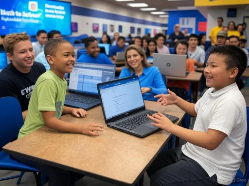 Children engaging in a classroom activity with laptops, smiling and interacting in a lively learning environment.