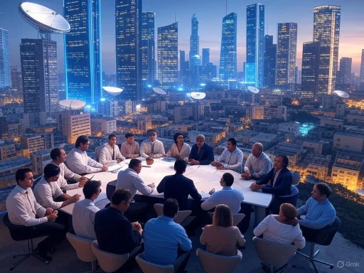 Business meeting of diverse professionals around a large table with a futuristic cityscape backdrop at dusk.