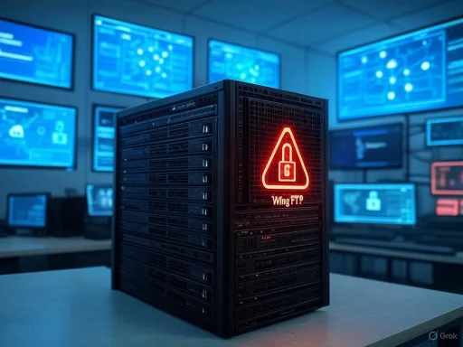 A secure server with a warning sign, surrounded by multiple monitors displaying cybersecurity alerts. A secure server with a warning sign, surrounded by multiple monitors displaying cybersecurity alerts.