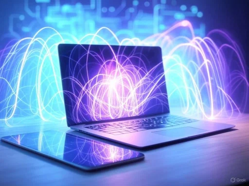 Futuristic laptop and phone with glowing, colorful light trails and digital graphics emerging from the screen.