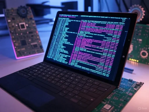 A laptop displaying a colorful code terminal, surrounded by electronic circuit boards on a workbench. A laptop displaying a colorful code terminal, surrounded by electronic circuit boards on a workbench.