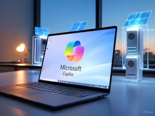 A laptop displaying the Microsoft Copilot logo, with holographic speaker projections in the background.