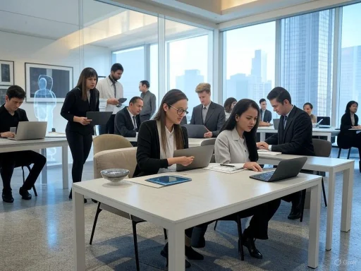Business professionals working and discussing in a modern, glass-walled office with city skyline views. Business professionals working and discussing in a modern, glass-walled office with city skyline views.