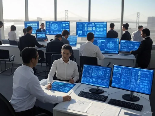 A high-tech control room with professionals monitoring multiple screens displaying data and analytics. A high-tech control room with professionals monitoring multiple screens displaying data and analytics.
