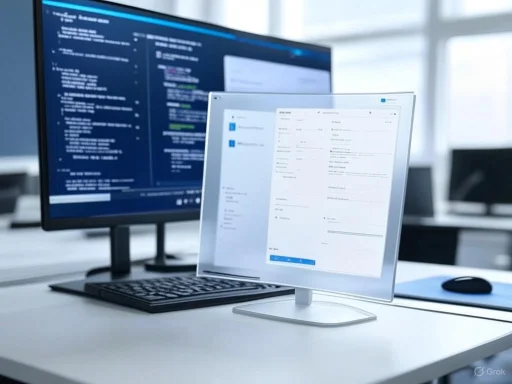 A dual-screen setup with coding on the larger monitor and a form or document on the smaller, mainly white, computer in a bright office. A dual-screen setup with coding on the larger monitor and a form or document on the smaller, mainly white, computer in a bright office.