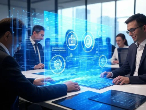 Business professionals engaging with a holographic digital interface in a modern office setting.