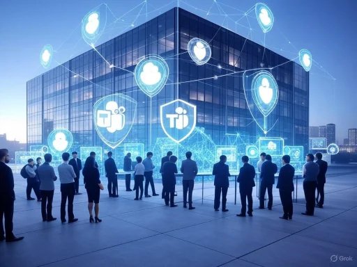 Businesspeople gather outside a modern glass building with digital graphics of cloud computing and collaboration icons.