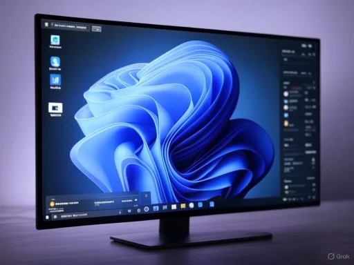 A modern computer monitor displaying a Windows 11 desktop with a abstract blue swirl wallpaper. A modern computer monitor displaying a Windows 11 desktop with a abstract blue swirl wallpaper.