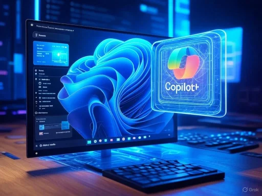 A futuristic digital workspace with a holographic display of the Copilot+ logo beside a desktop screen.