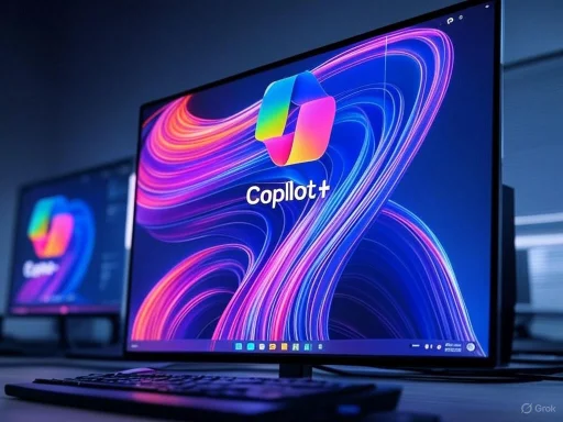 A computer monitor displaying the Copilot+ logo with colorful swirling background, set in a modern workspace.