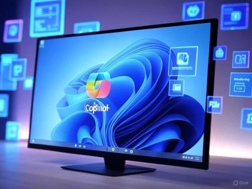 A computer monitor displays the Copilot logo with floating app icons and a blue abstract background.