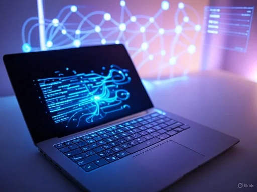 A laptop displaying neural network graphics and data, with a background of digital interconnected nodes and graphs.