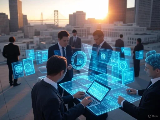 Business professionals using futuristic holographic data interfaces on rooftop at sunset. Business professionals using futuristic holographic data interfaces on rooftop at sunset.