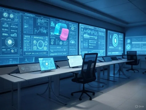 A high-tech control room with multiple monitors displaying data and analytics dashboards.
