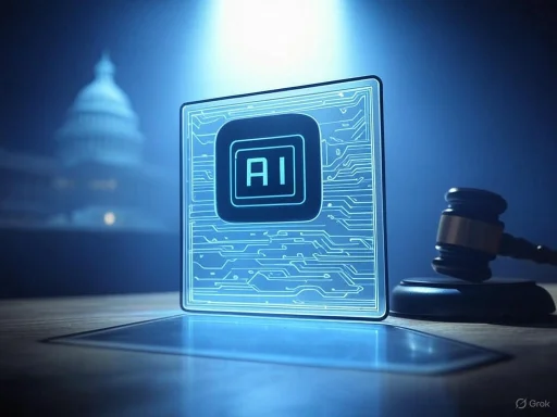 A digital hologram of an AI icon with circuitry patterns, alongside a gavel, suggesting AI and law or justice connections.