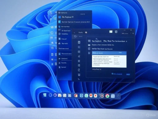 Multiple overlapping windows displaying a dark-themed interface with icons and text on a blue abstract background.