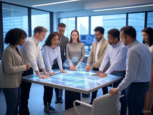 Team of professionals collaborating around a high-tech, holographic digital table in a modern office. Team of professionals collaborating around a high-tech, holographic digital table in a modern office.