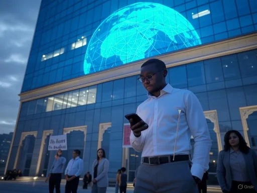 A man in business attire uses a smartphone outside a modern building with a digital globe display on its facade.